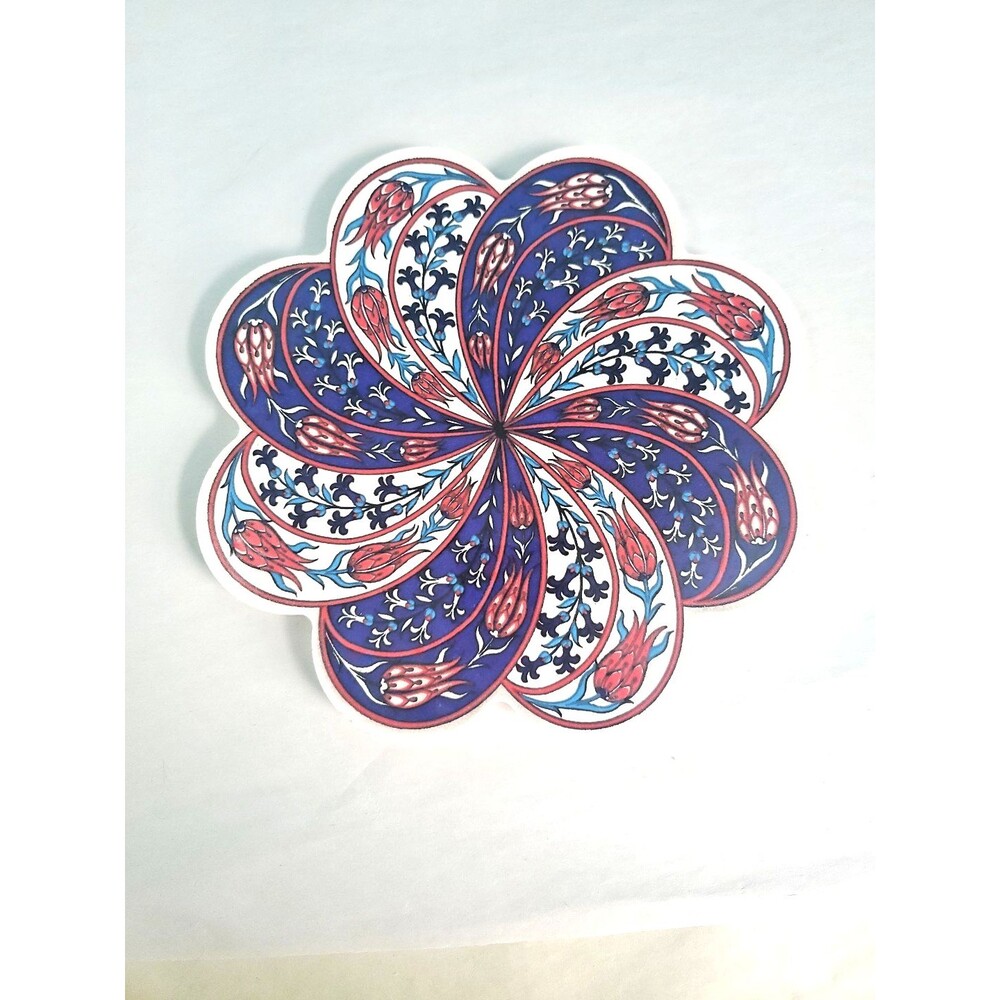 Turkish Iznik Floral Ceramic Trivet Handmade 7" Hot Pad Scallaop Round Boho Blue